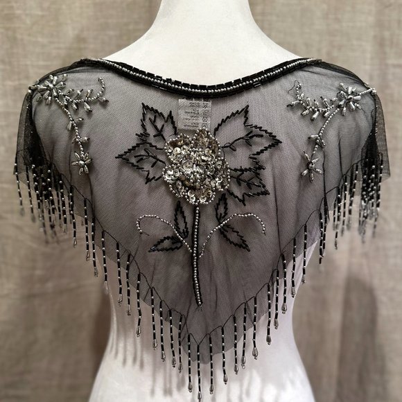 Black & Silver Beaded Sequin Mesh Pullover Capelet Collar Shawl - Picture 3 of 15